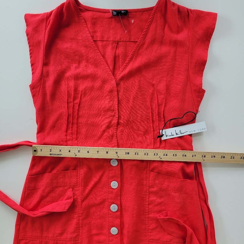 Nicole Miller | NWT Linen Blend Button Up Mini Dress Red Size M - Picture 7 of 10
